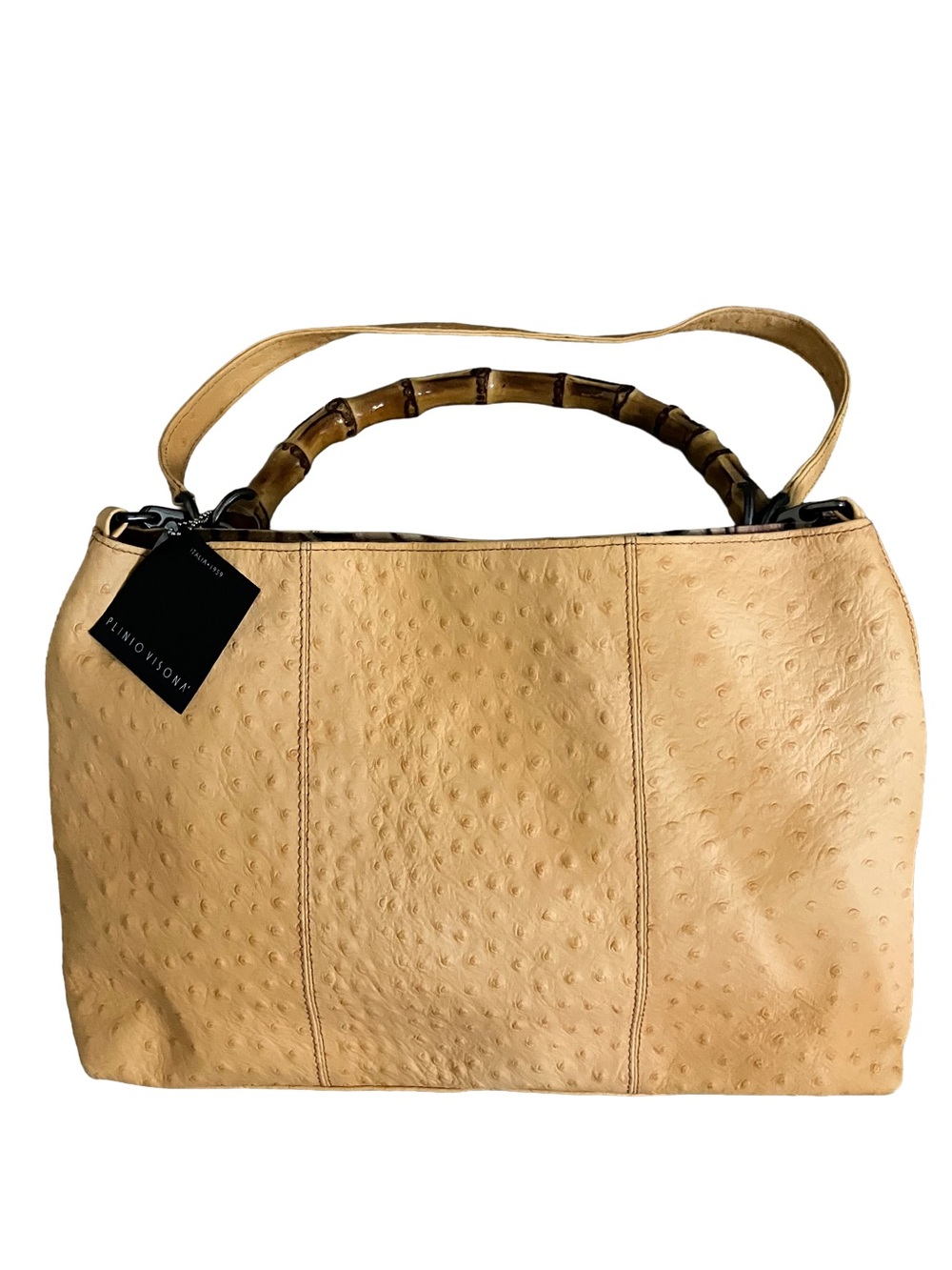 NWT PLINIO VISONA OSTRICH EMBOSSED ITALIAN LEATHER SHOULDER TOTE BAMBOO HANDLE